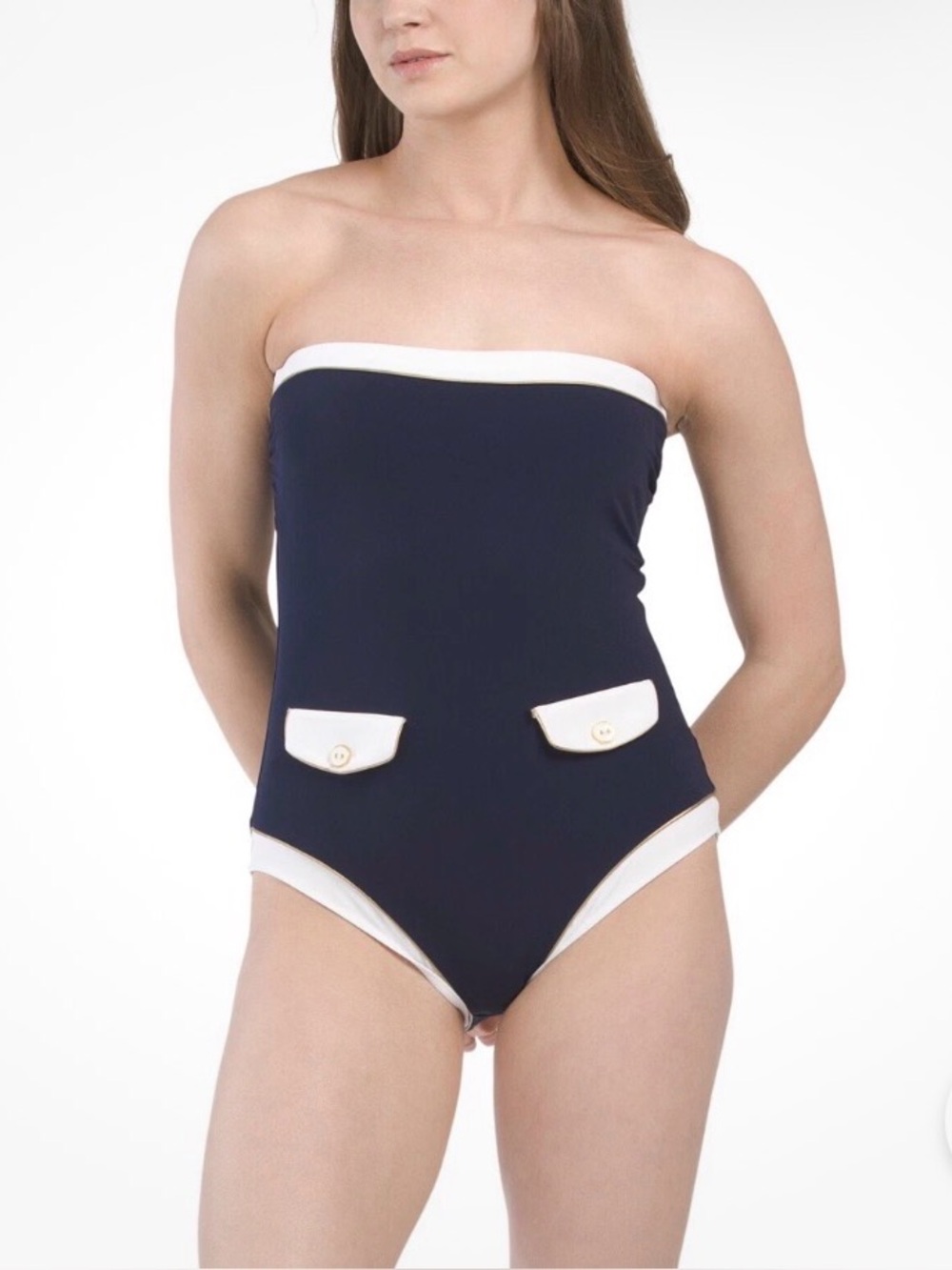 Gottex High Class Bandeau One Piece Swimsuit , Size 12 Navy /white